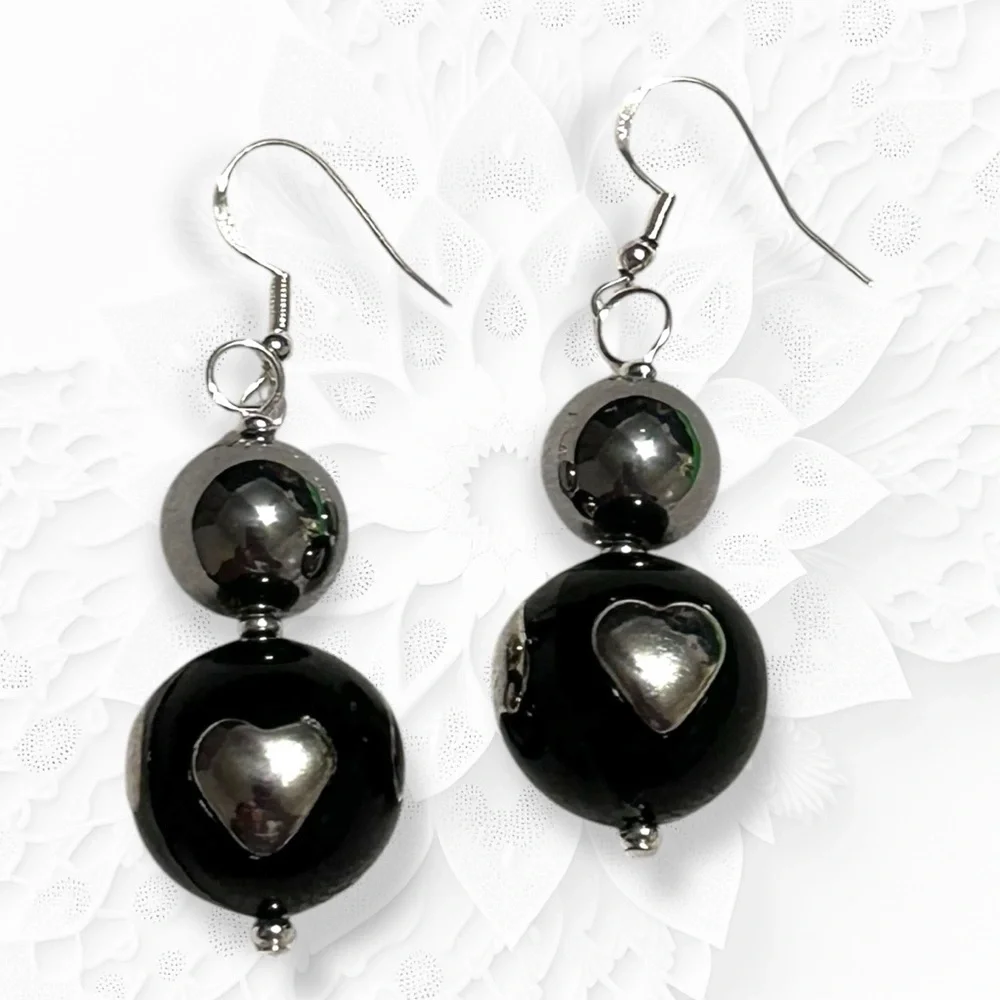 Hand Crafted Earrings Hearts Black Silver Acrylic Glass Long Pierced - Picture 2 of 5
